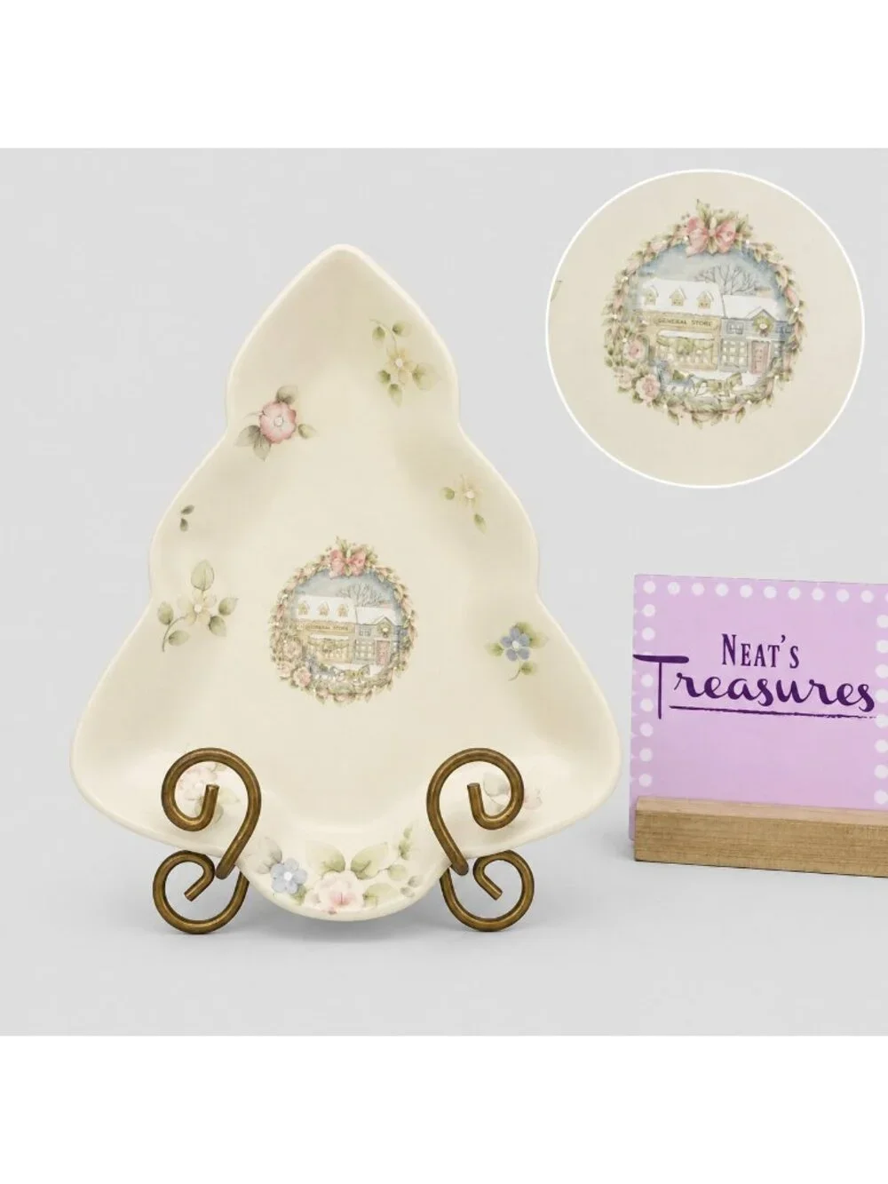 1980's Pfaltzgraff TEA ROSE Pink Roses Blue Flowers Stoneware Tree Shape Dish
